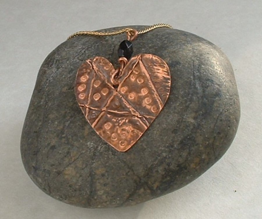 SOLD Rustic Heart Shaped Copper Foil Necklace with Black Bead