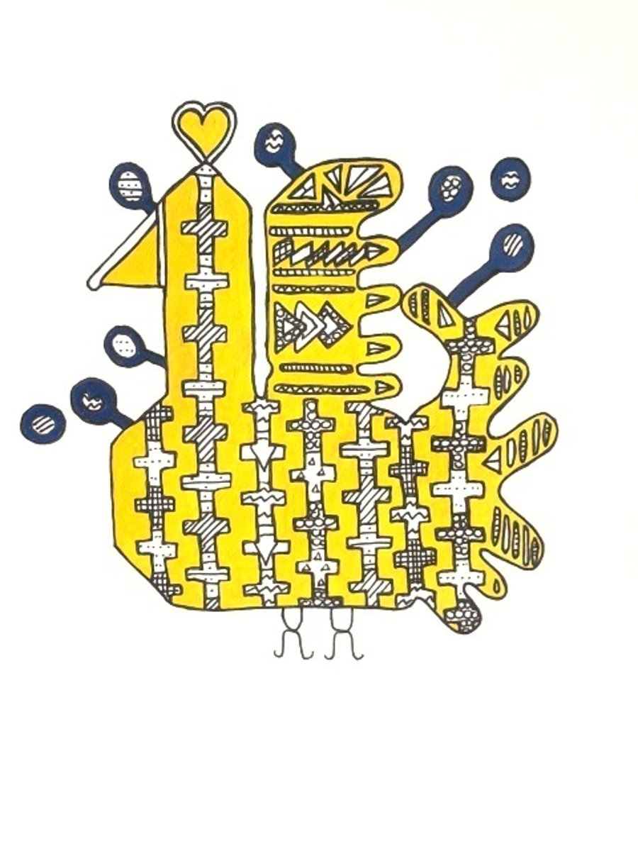 Mustard Yellow Geometric Chicken Pattern Illustration Print