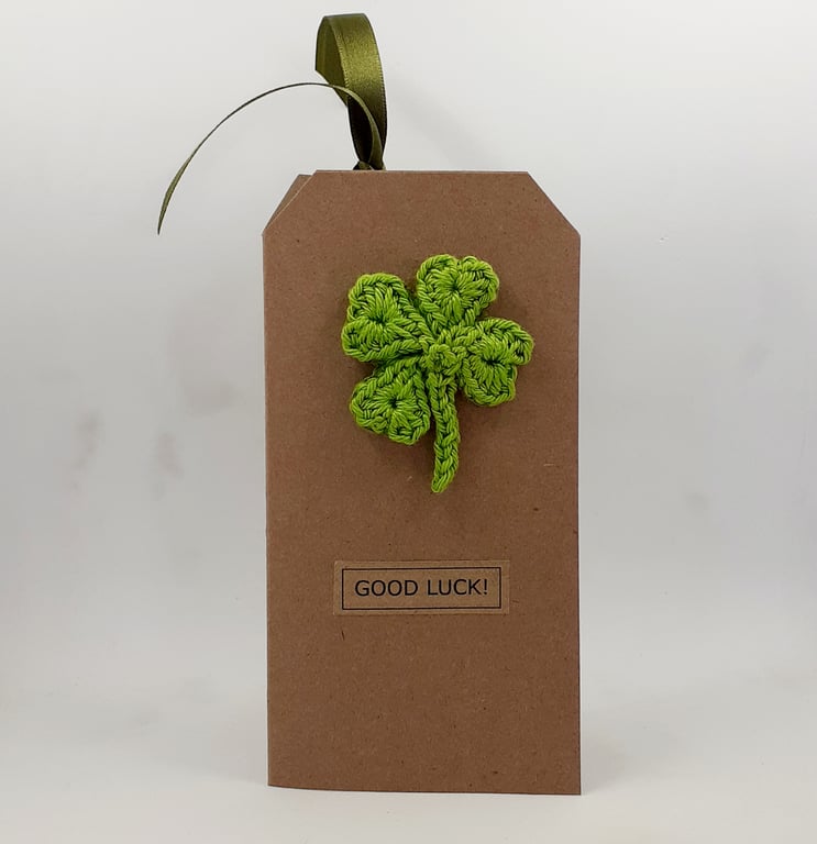 Card with  Brooch - Crochet Four Leaf Clover