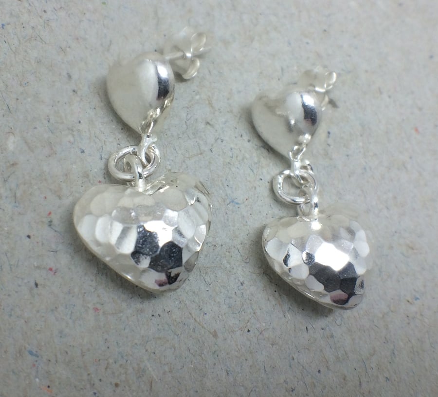 Sterling Silver Heart Stud Earrings, Beaten Silver Heart Earrings