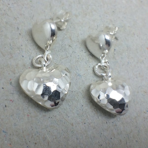 Sterling Silver Heart Stud Earrings, Beaten Silver Heart Earrings