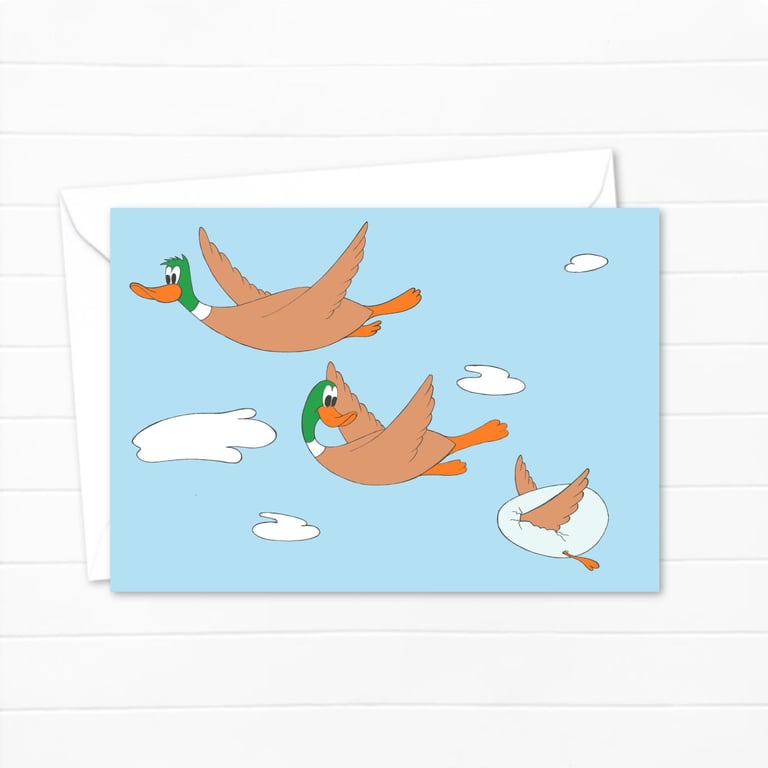 Flying Ducks Greeting Card: Hand Drawn Cartoon Artwork for Any Occasion (201)