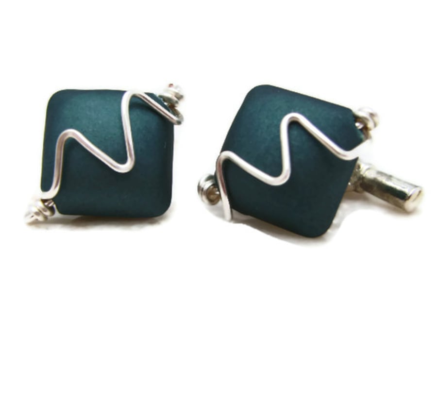 Cufflinks in Teal Blue Acrylic Bead & Silver Plated Wire