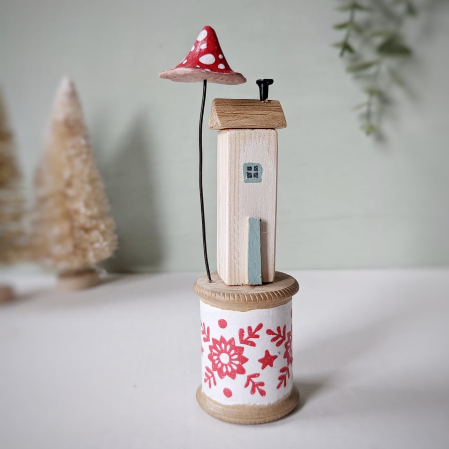 Little House on a Vintage Wood Bobbin with Clay Toadstool Scandi Christmas