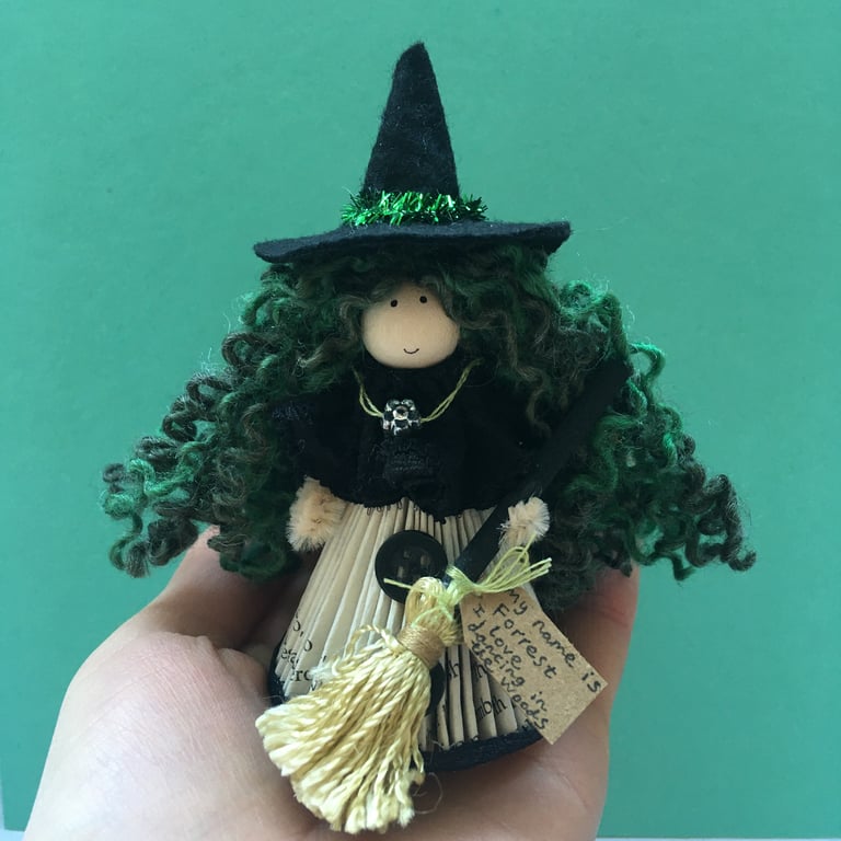 Witch Fairy Doll Decoration, Folded Book Art, Green, Witch Core Decor