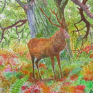 Stag and Oak Tree - Original Mixed Media Artwork - Pen and Ink - Autumn Colour