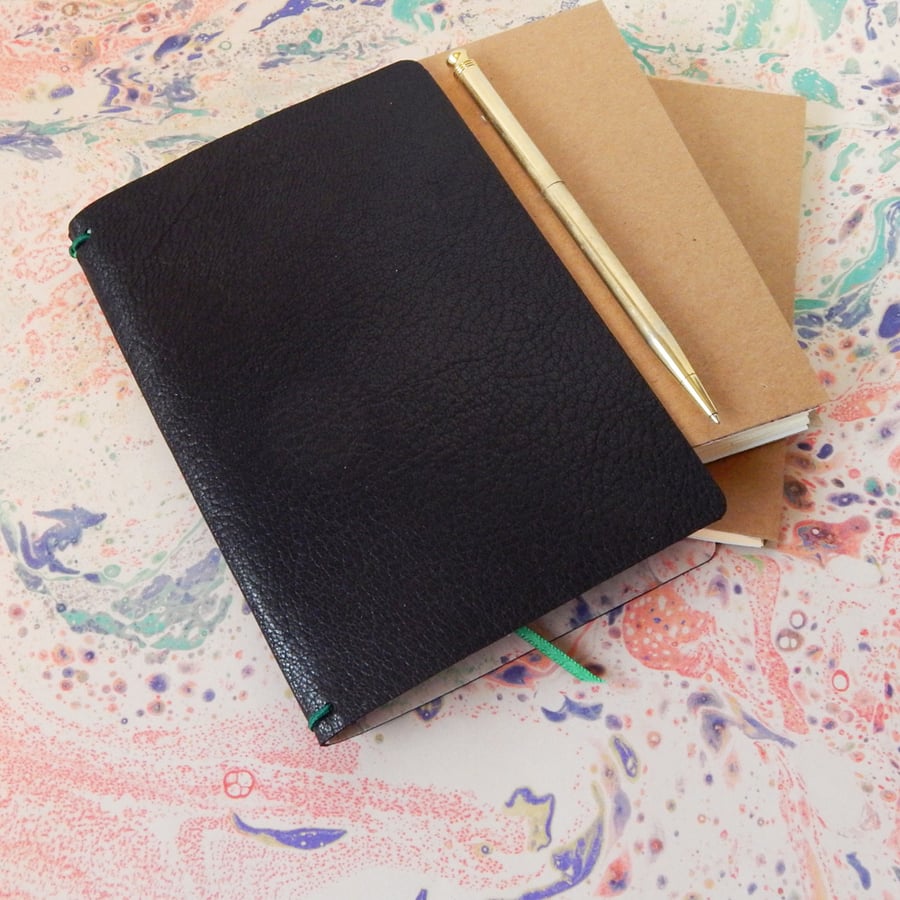 Black Leather Notebook Cover Set, Sketchbook, Leather book cover, Fauxdori