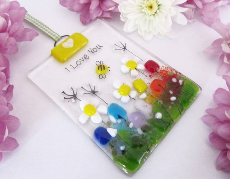 Personalised Fused Glass Suncatcher (Daisy Meadow) - Made to Order