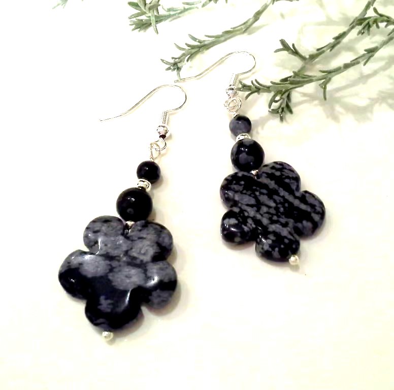Snowflake Obsidian Large Earrings Silver Plate