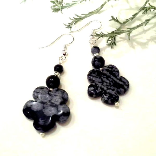 Snowflake Obsidian Large Earrings Silver Plate