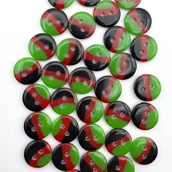 30 Green, Red and Black 13mm Smartie Buttons, Glossy, Bigger Bag