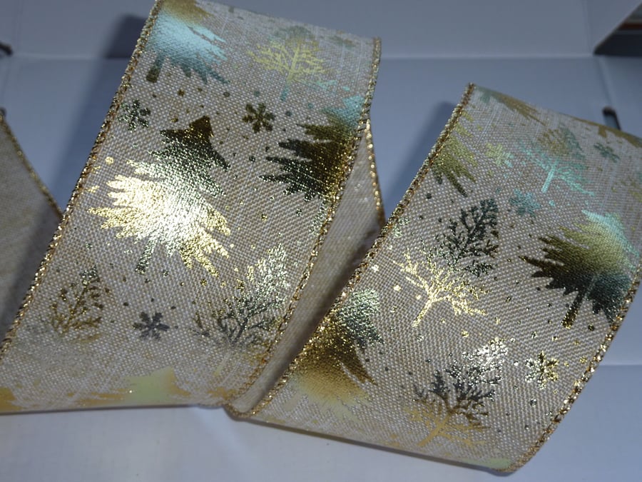 1 Metre Wire Edged Ribbon 63mm Gold Trees Jute