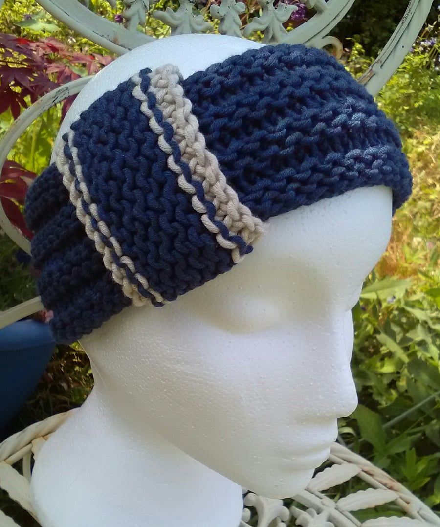 Vintage look loop Headband Bamboo & Wool Navy Blue Medium Large