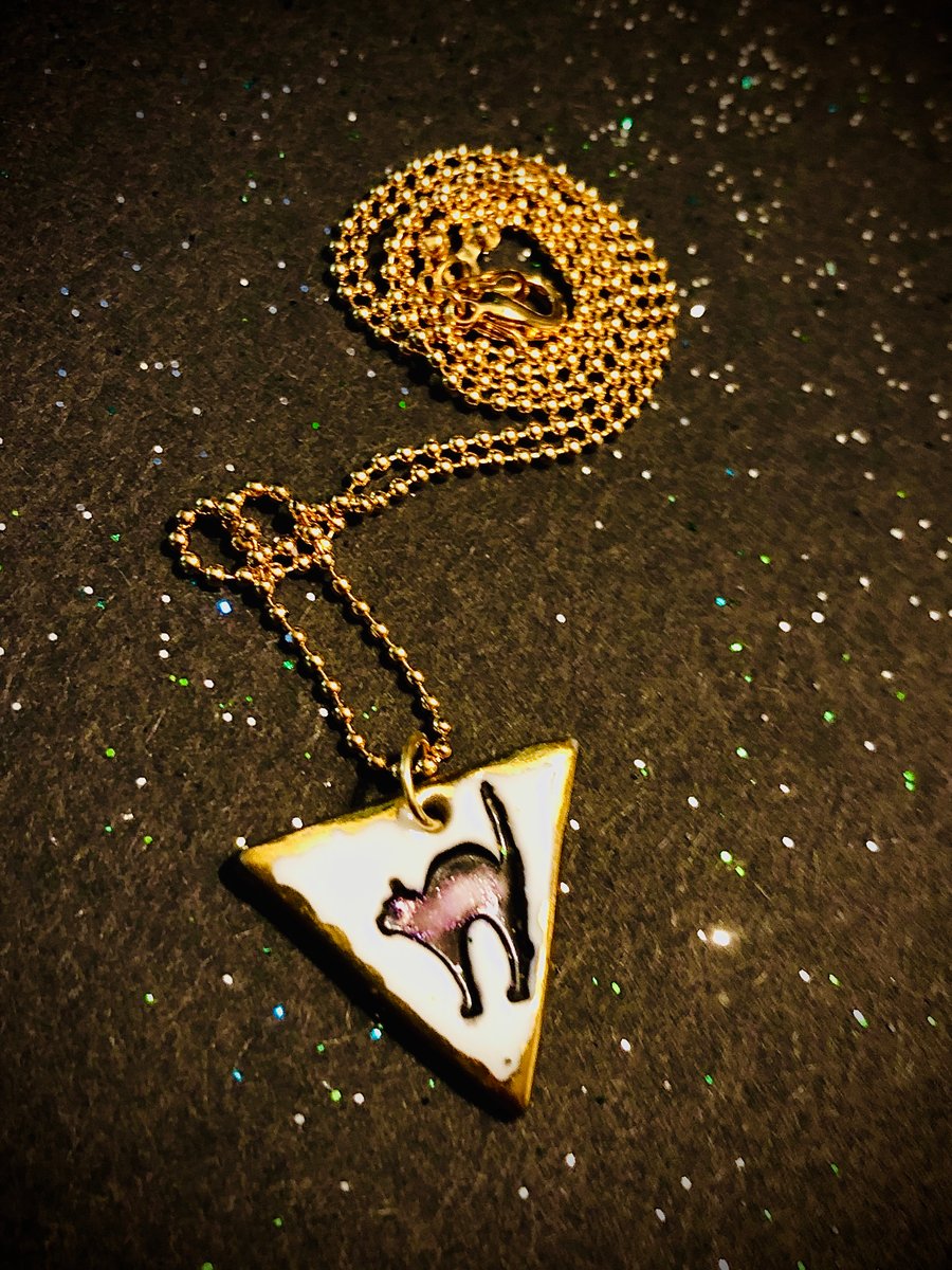Black cat porcelain pendant, handcrafted and 22 carat gold lustre