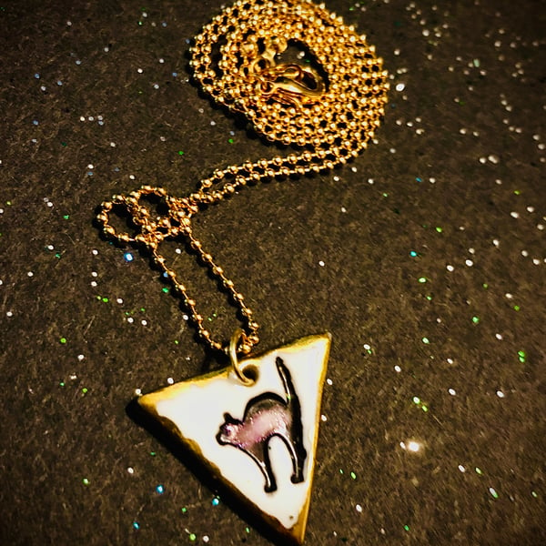 Black cat porcelain pendant, handcrafted and 22 carat gold lustre