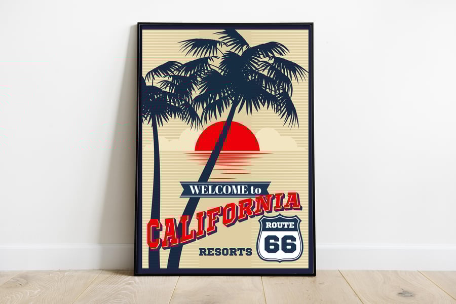 California retro travel poster, California Route 66 travel print, USA travel art