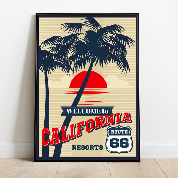 California retro travel poster, California Route 66 travel print, USA travel art