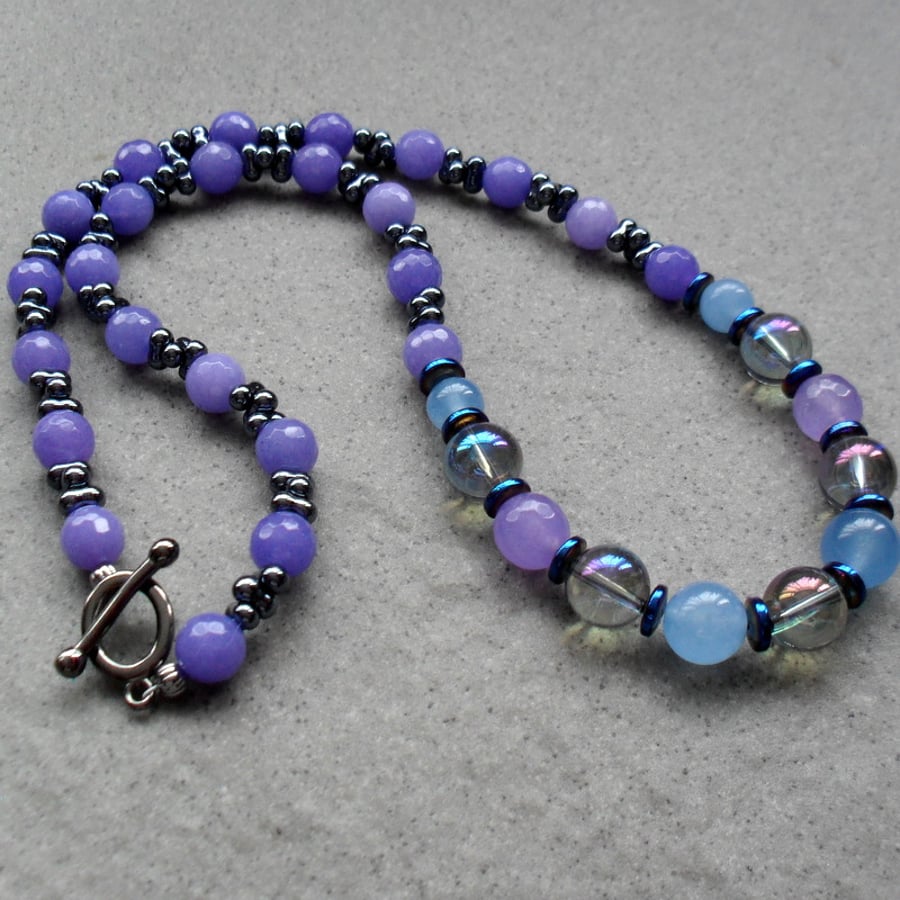 Lilac and Blue Beaded Necklace With Semi Precious Gemstones