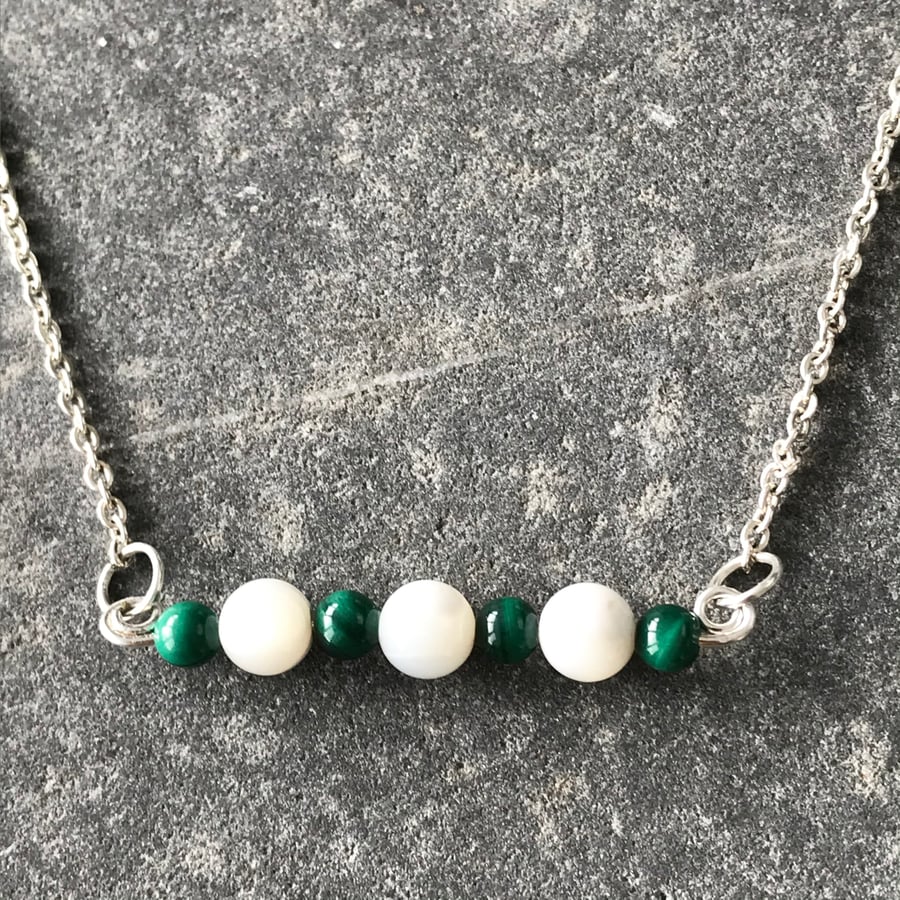 Green and white gemstone bar necklace, gift for her, anniversary gift