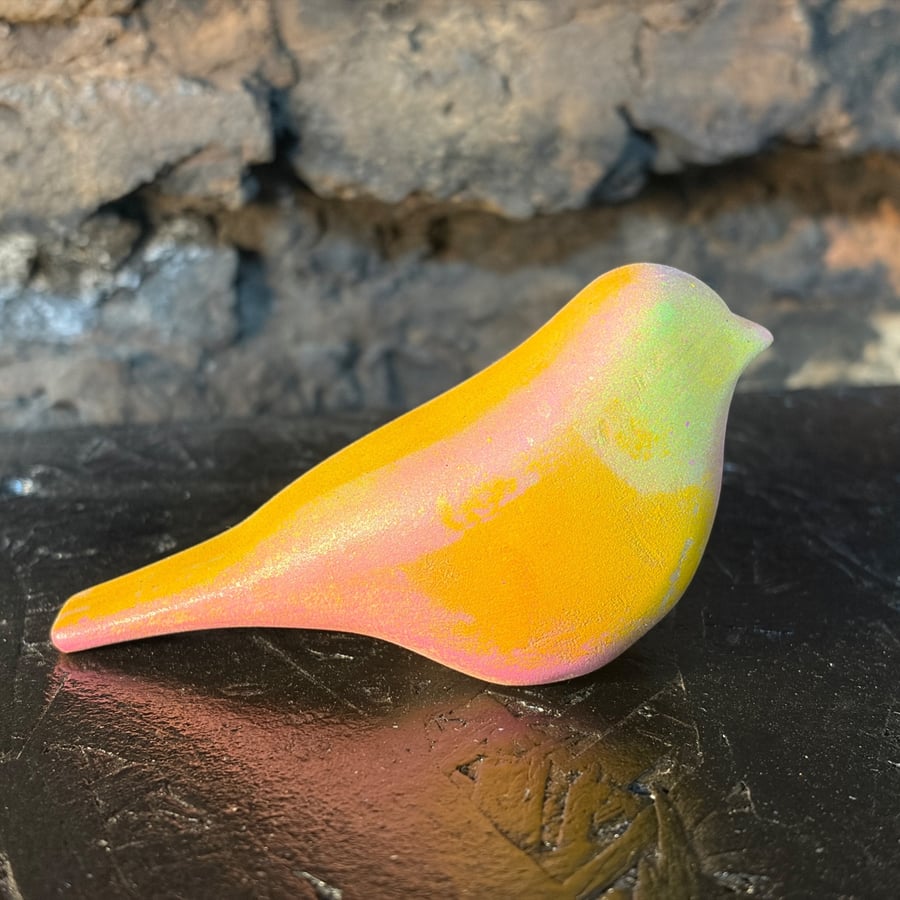 Hand Carved Basswood Bird Sculpture in Pastel Pink and Yellow
