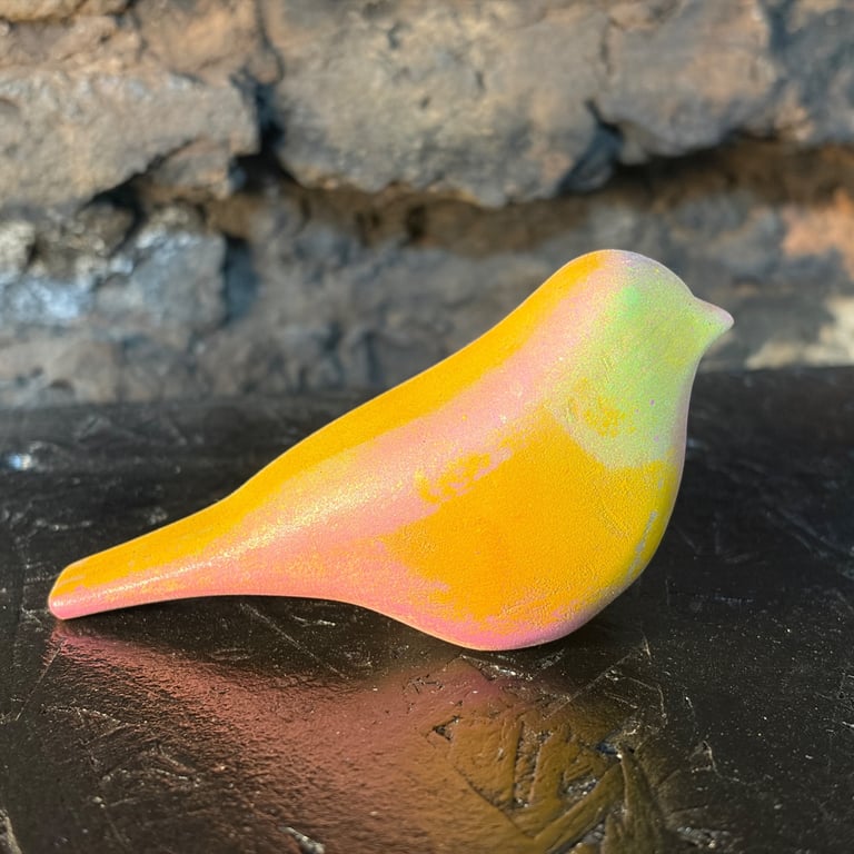 Hand Carved Basswood Bird Sculpture in Pastel Pink and Yellow