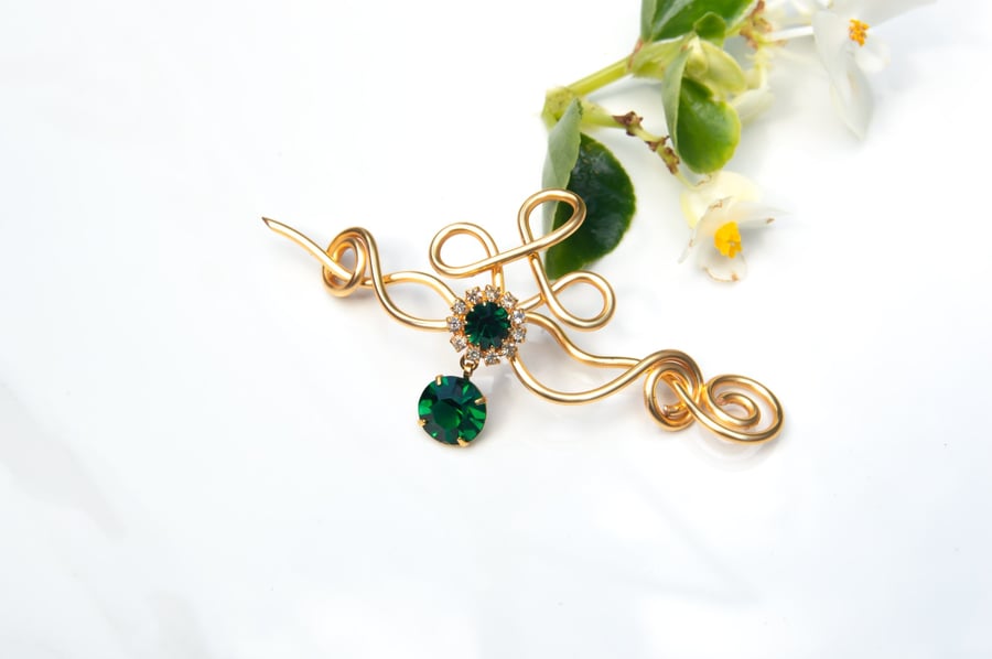 Gold plated  brooch, wrapped with green Swarovski crystal  for knitted Shawl ,
