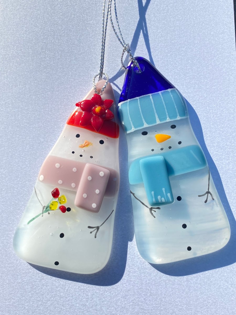 Mr and mrs fused glass snowmen  Christmas decoration 
