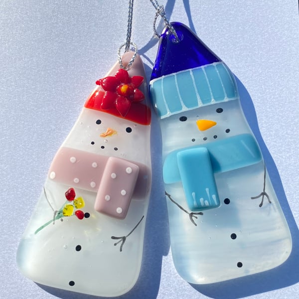 Mr and mrs fused glass snowmen  Christmas decoration 