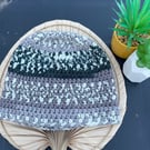 Crochet Fair Isle Inspired Beanie Hat Blue and Grey 21” circumference 