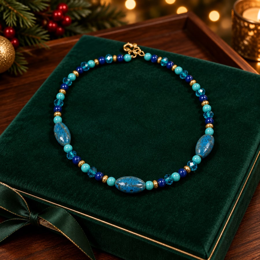Handmade Ceramic Turquoise Cobalt Teal Beaded Necklace, Gold Clasp