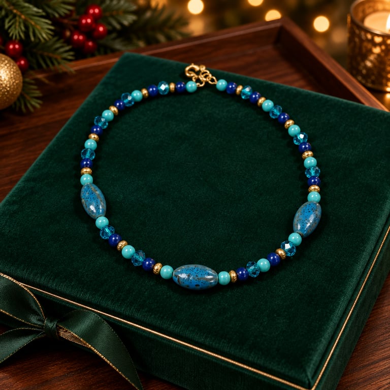 Handmade Ceramic Turquoise Cobalt Teal Beaded Necklace, Gold Clasp