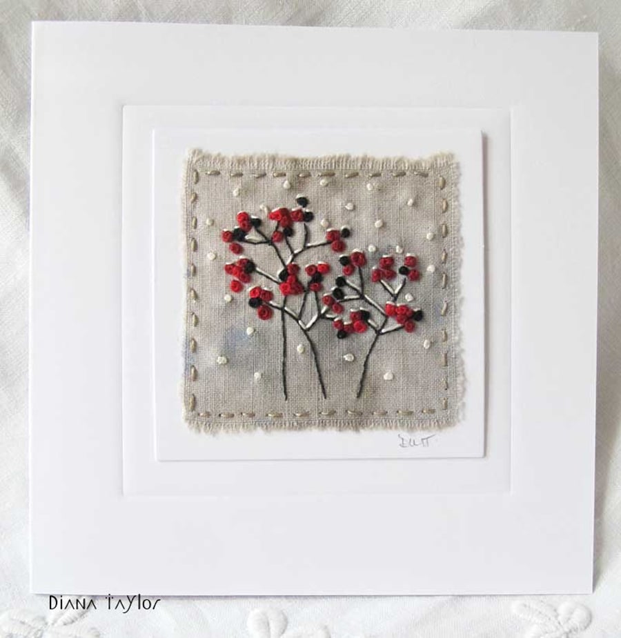 EMBROIDERED WINTER BERRIES CARD CHRISTMAS WINTER