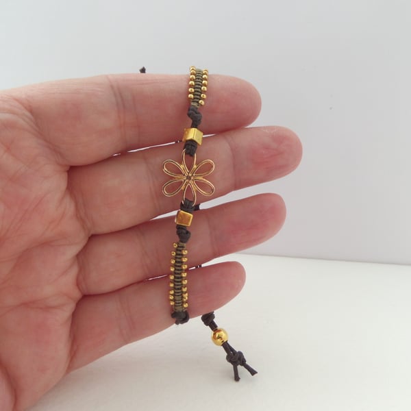 Gold Flower Casual Bracelet, Brown Cotton Cord, Gold Beads micro macramé
