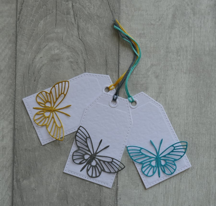 Gold, Grey and Turquoise Die Cut Butterflies  - Set of Three Gift Tags