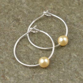 Boho Light Gold Swarovski Crystal Pearl 15mm Sterling Silver Hoop Earrings