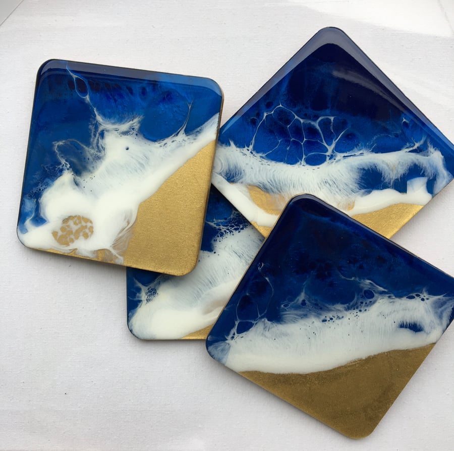 Ocean coasters, heat and scratch resistant resin , set of 4