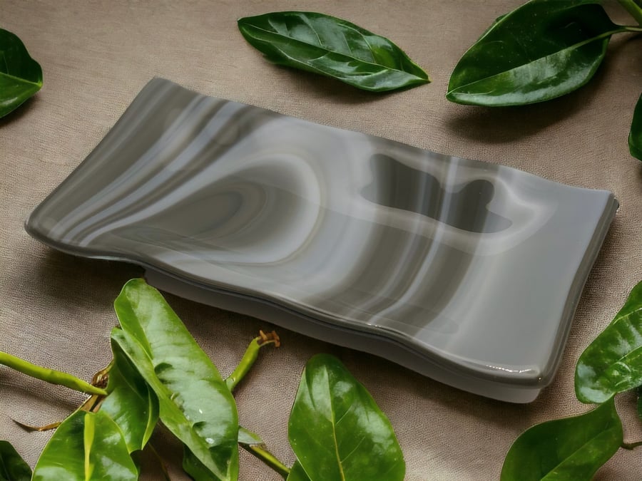 Fused glass trinket tray - grey and white swirls