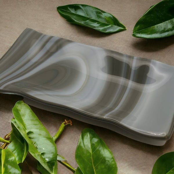Fused glass trinket tray - grey and white swirls