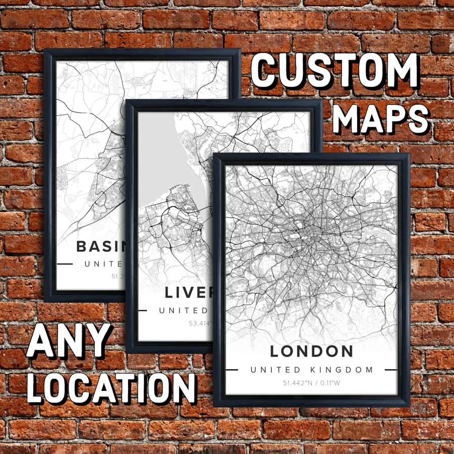 Black and White Map Prints, Cityscape Poster, Town Map, Framed Wall Art