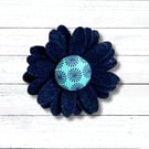 Handmade Felt Dark Blue Flower Brooch, Eco Friendly Upcycled Fabric, Gift Boxed