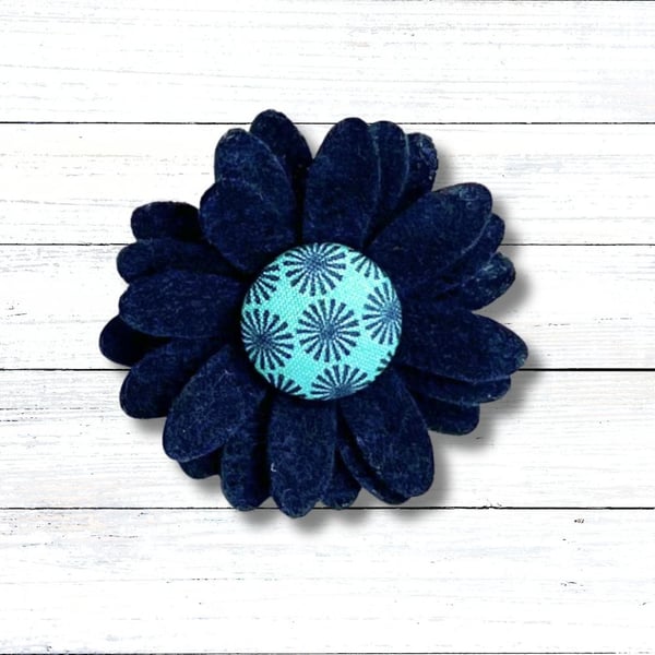 Handmade Felt Dark Blue Flower Brooch, Eco Friendly Upcycled Fabric, Gift Boxed