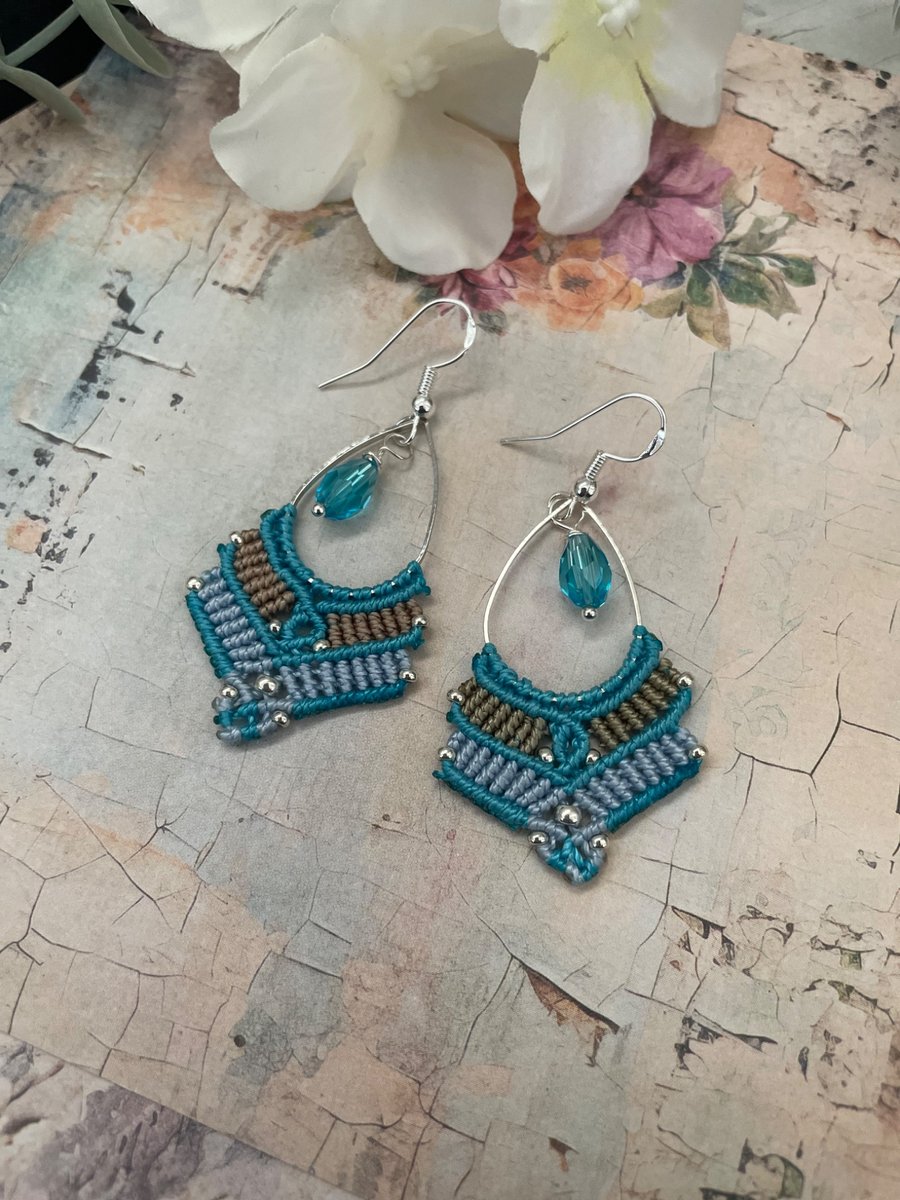 Blue teardrop micro macrame beaded dangle boho earrings, Indian earrings 