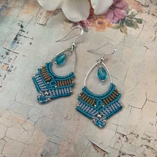 Blue teardrop micro macrame beaded dangle boho earrings, Indian earrings 