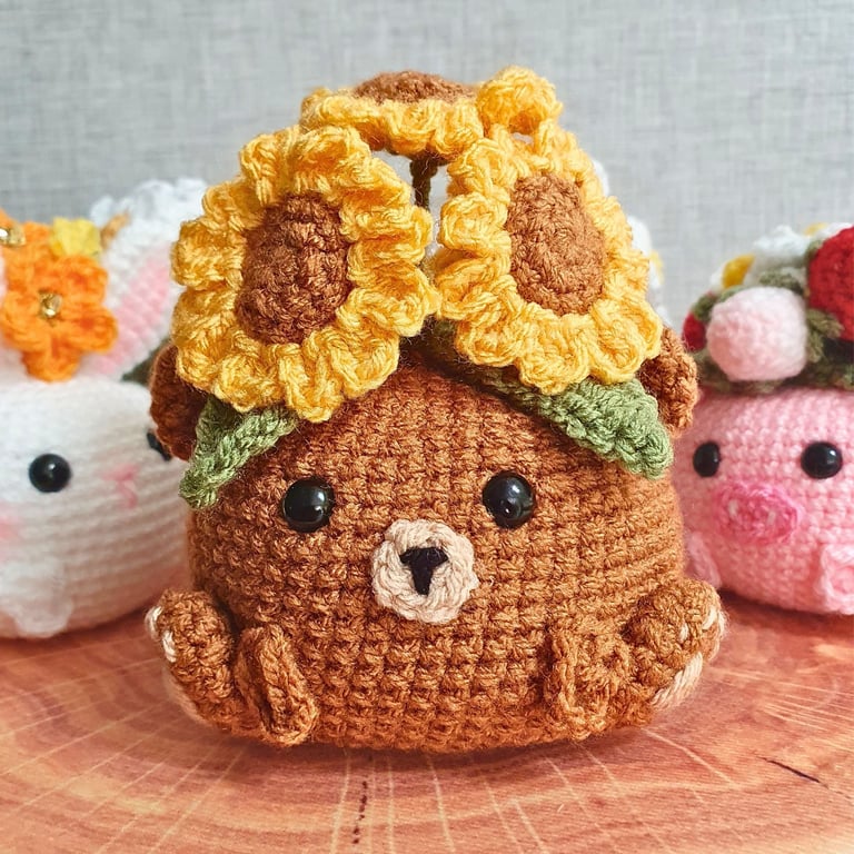 Decorative Crochet Amigurumi Bear Pot & Sunflowers For Nursery, Kids Room Décor 