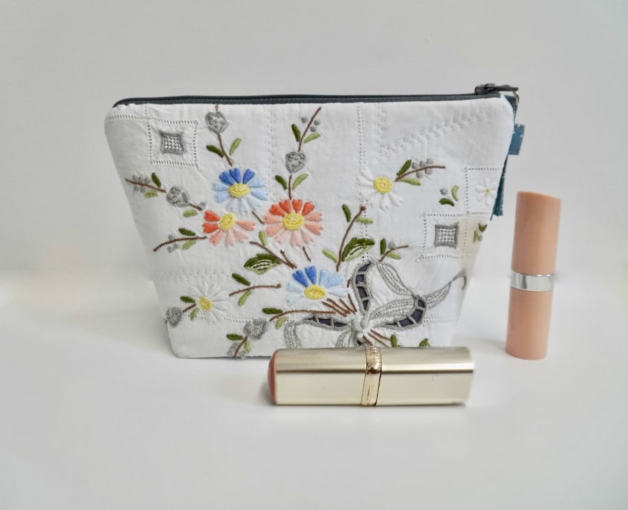 Make up bag in reclaimed vintage embroidery and Laura Ashley fabric
