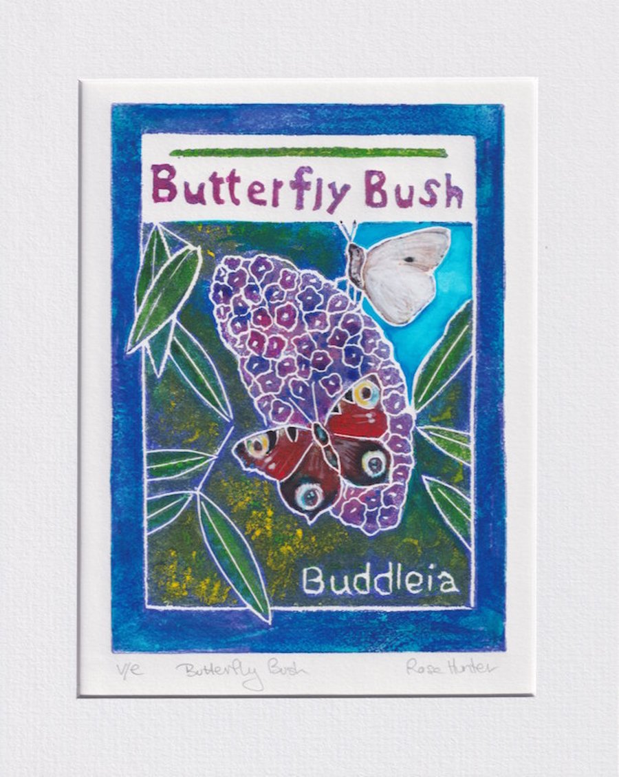 Butterfly Bush - original hand painted lino print 002
