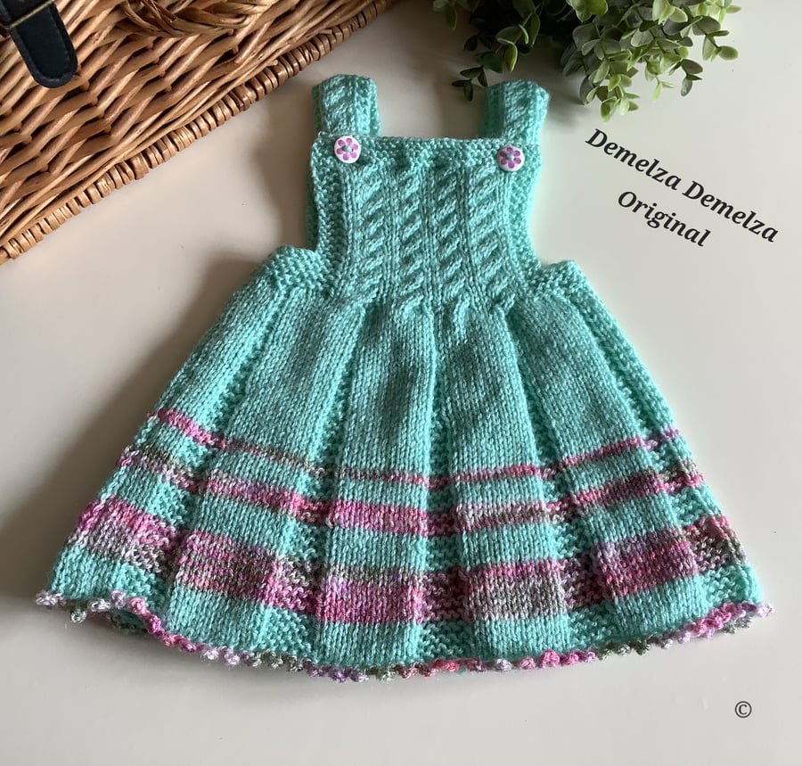 Designer Hand Knitted Baby Pinafore Dress  & Booties Set 0-6 months 