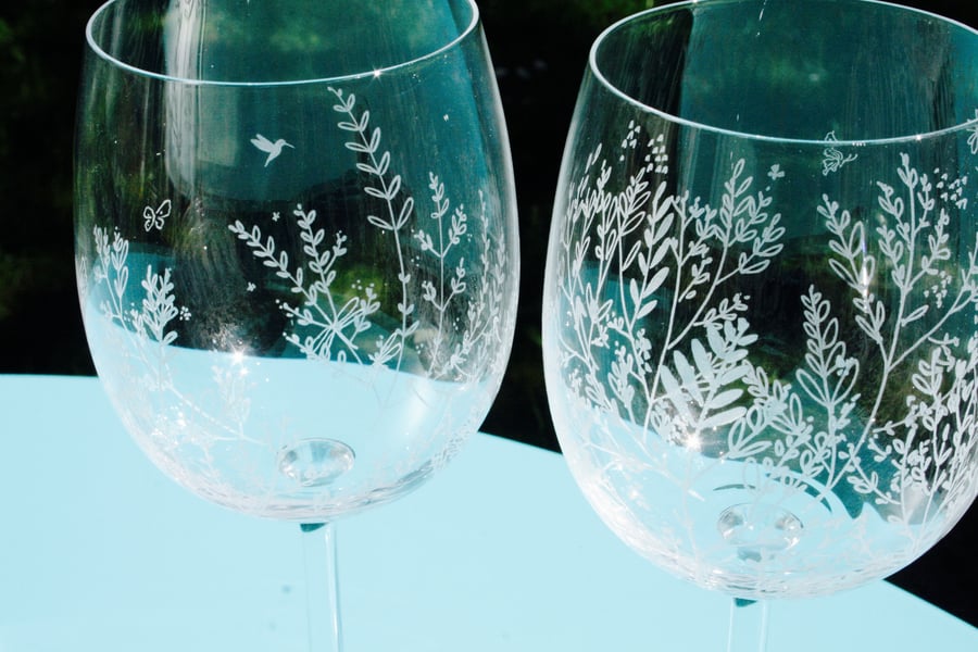 Pair of Summer Garden Engraved Crystal Wine Glasses