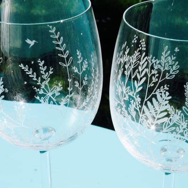 Pair of Summer Garden Engraved Crystal Wine Glasses