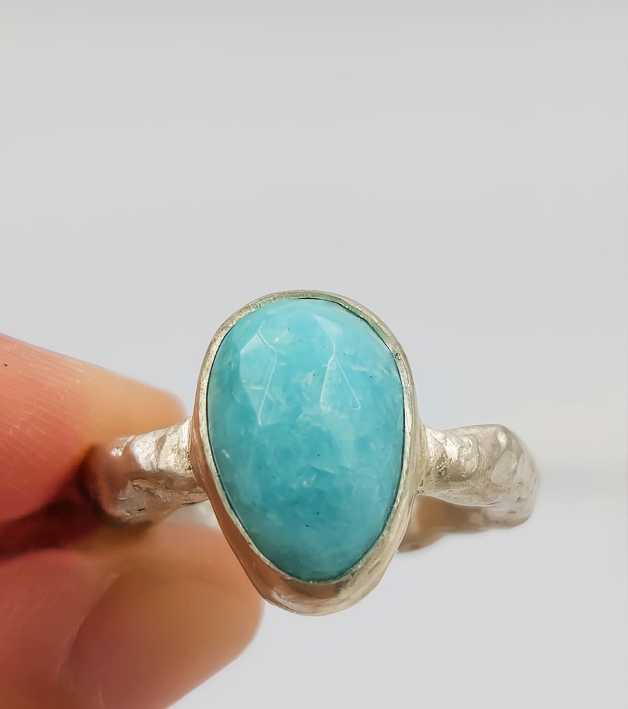 Hand-Forged Sterling Silver Amazonite Ring: Molten Texture